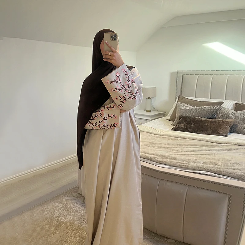 Habib embroidered European American style muslim polyester linen abaya dresses fashionable modest traditional Islamic clothes