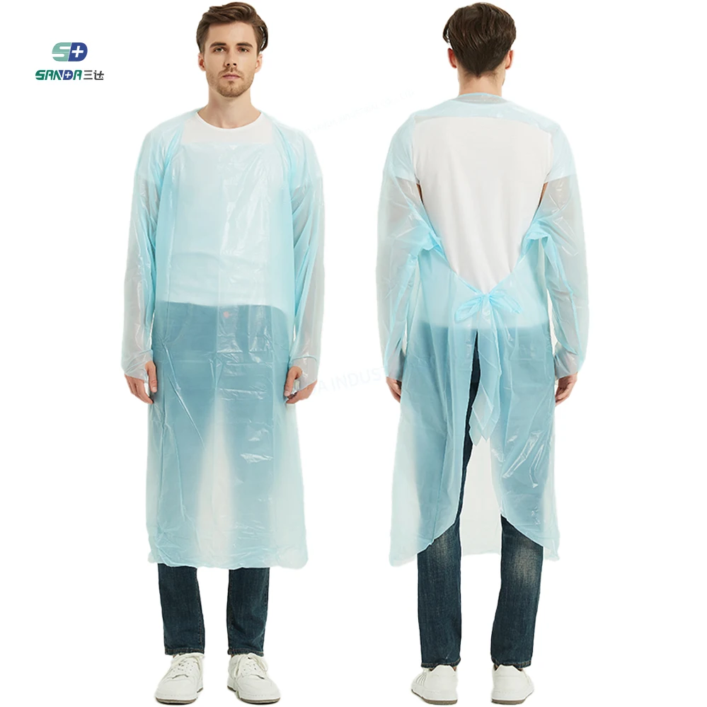 Wholesale Back-opening Light Blue Waterproof Plastic Apron Polyethylene Medical Disposable CPE Isolation Gown