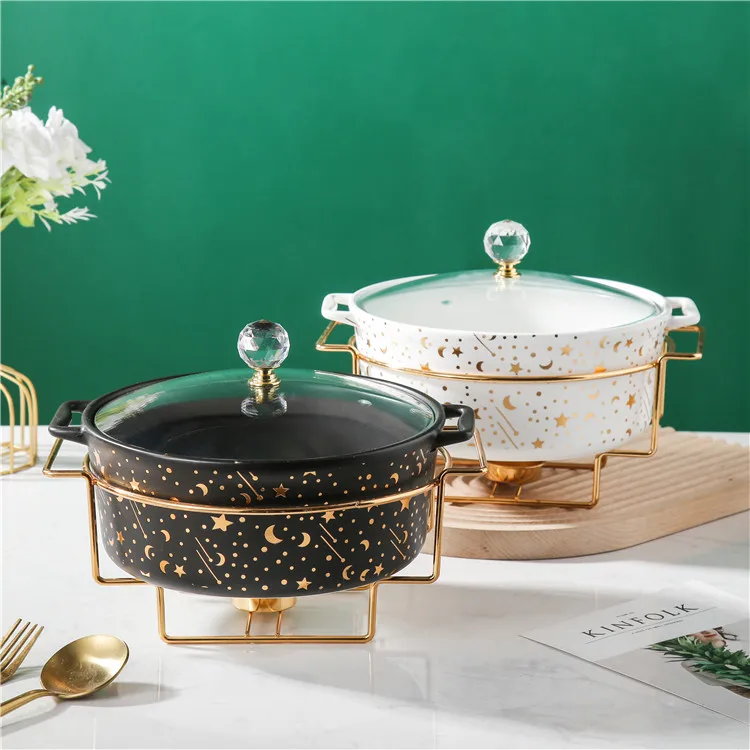 Wholesale Home Cookware Ceramic Casserole Cooking Pots Ceramic Soup Tureen Ceramic Soup Pot With Golden Stand