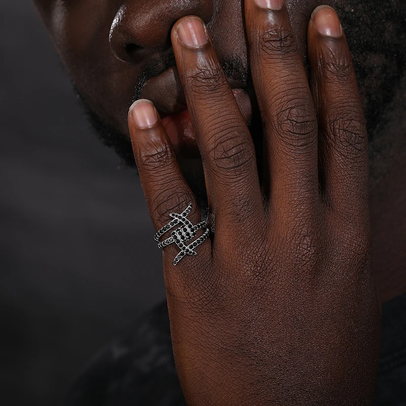 Hot Sale Men Fine Adjustable Ring Prong Setting 925 Sterling Silver Gemstone Party Jewelry Black Moissanite Ring