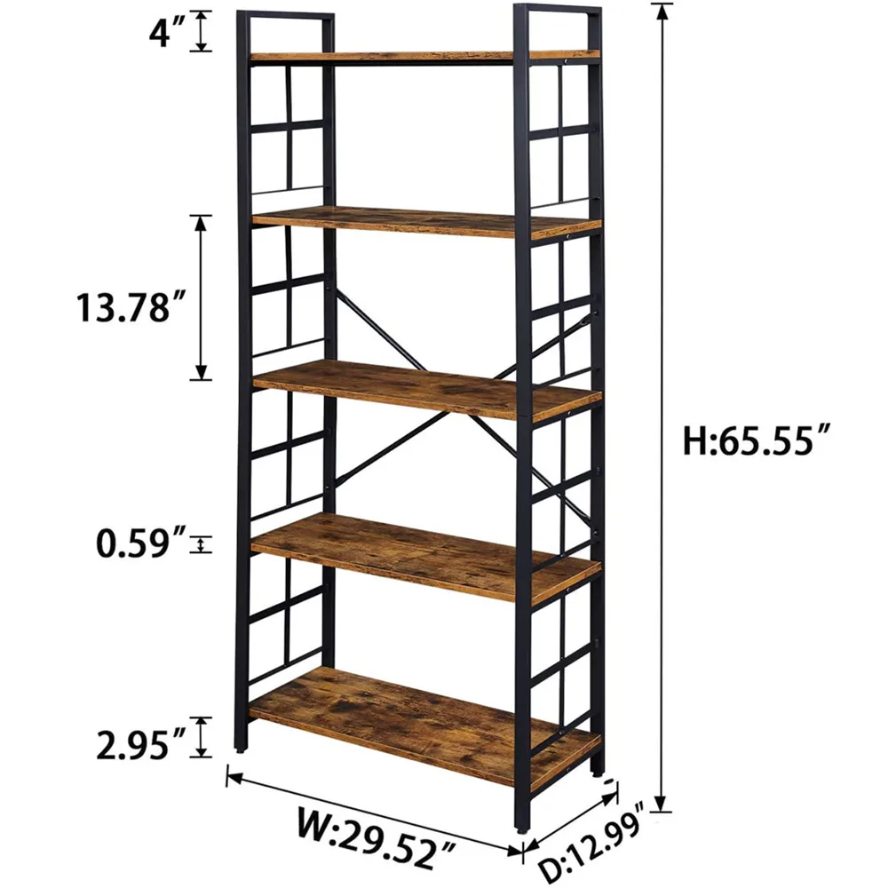 Perfect Industrial Bookshelf 5-Tier Vintage Bookcase and Bookshelves Rustic Wood and Metal Shelving Unit Display Rack Factory