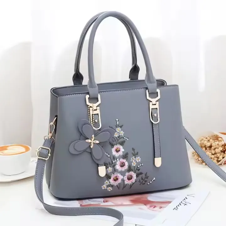 RU Navy blue embroidered floral office large designs tote shoulder handbags for women wholesale