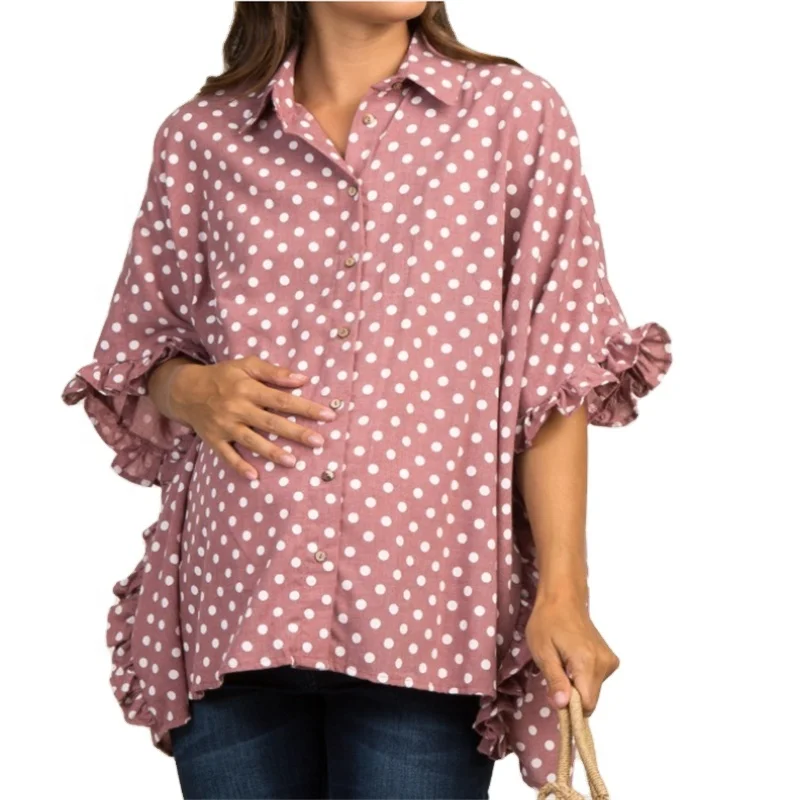 Индивидуальные рубашки для беременных сиреневые в горошек с оборками на рукавах футболка для кормления грудью футболка с длинным рукавом Топ для беременных