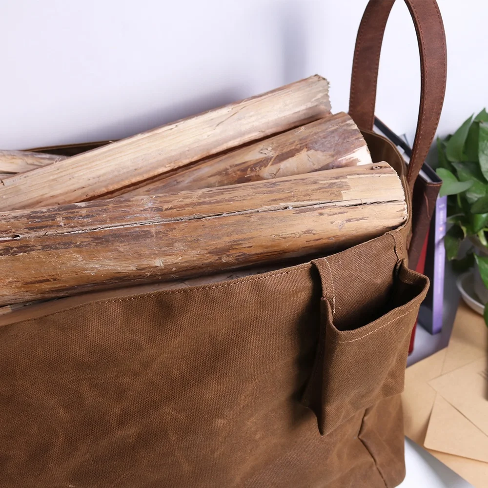 CHANGRONG пользовательская коричневая кожаная ручка Вощеная Холщовая Сумка для переноски бревен