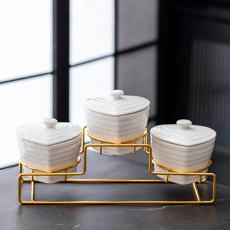 250 ml DIY 3 Pack Condiment Dispenser Spice Jar Square Sugar Bowl Porcelain Condiment Jar with Metal Stand