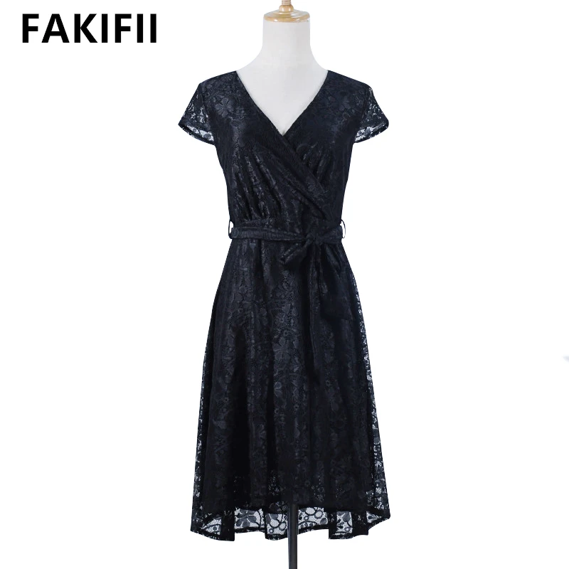 Fakifii Factory Supply Top Quality Black Lace Short Sleeve Casual Dress 2023 New Summer Clothing Fit and Flare Womens Dresses