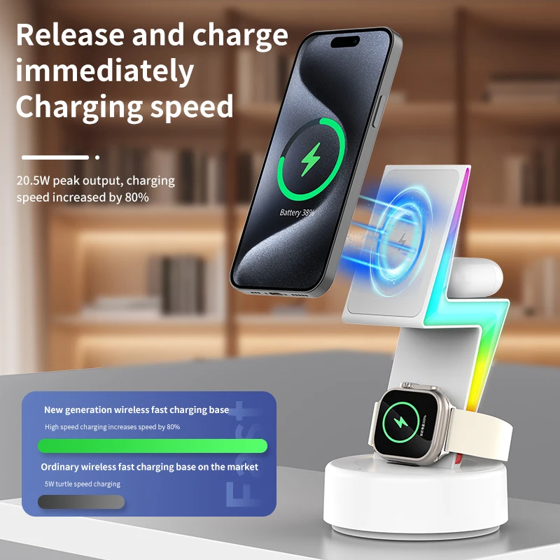 lightning Magnetic Wireless Charger fast wireless charger stand 3 in 1 Stand RGB Light for watch airpods and phones