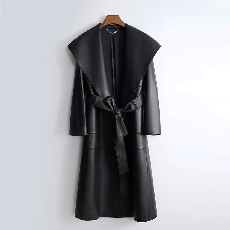 Turn-down Collar Women Long Real Leather Jacket With Belt Long Sleeve Leather Trench Coat Women Outdoor Jackets