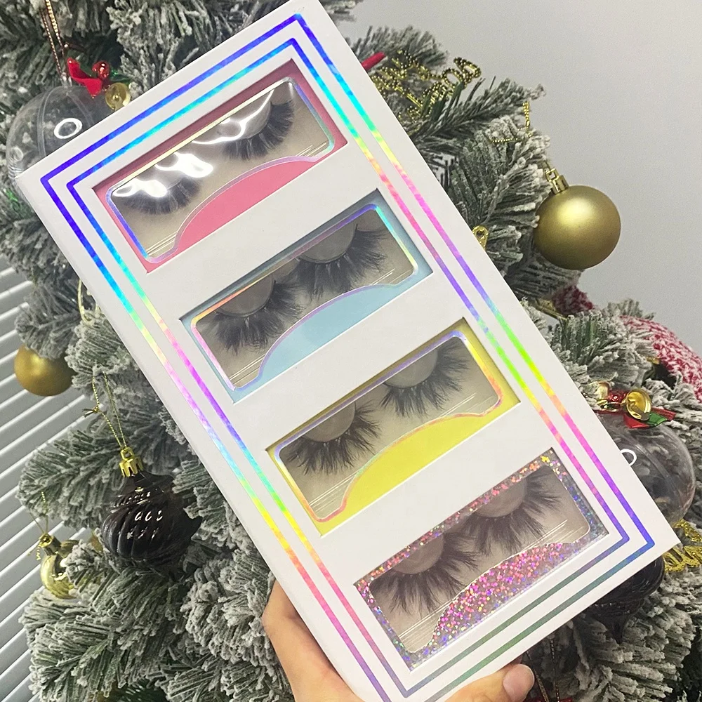 Free samples fluffy 25mm 3d mink full strip eyelash book packaging 4 pairs wholesale empty customise lash boxes