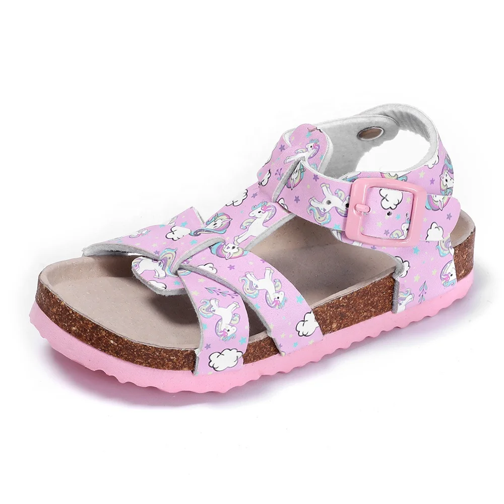 Amazon Tops Sales New Style with Adjustable Buckles Cork Foot-bed for Kids Children Girls Flat Sandals
