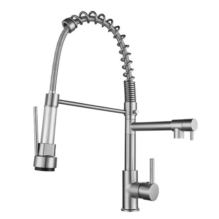 Cheap Price Brushed Brass Mounted Kitchen Faucet 360 Swivel Pull Down Spring Spout Mixer Tap Sink Faucet