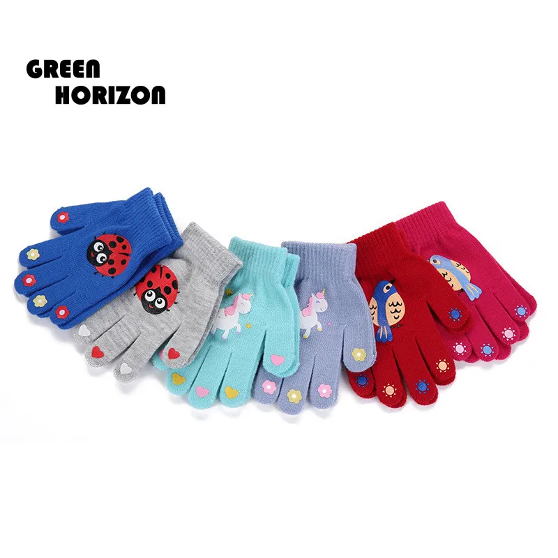 Green Horizon Kids Cute Cartoon Knitted Stretch Mittens Multi-color Soft Warm Acrylic Gloves Animal Pattern Magic Winter Gloves