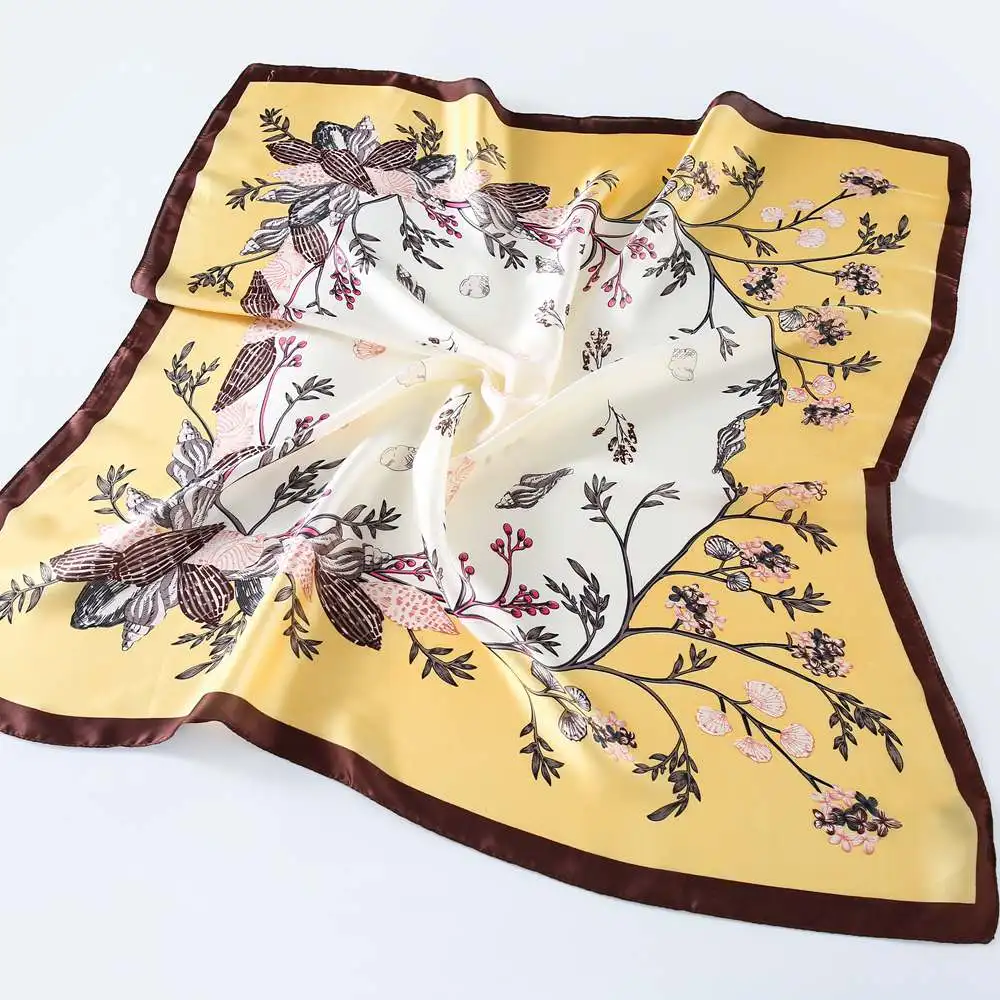 Satin feel  yellow flower square head scarf printed satin scarf for hair bulk