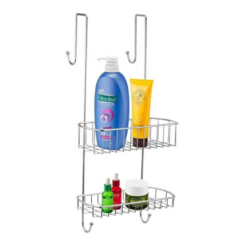 Shower Caddy Over The Door Organizer Storage, Rustproof Bathroom Shelf with 2 Hooks, Stainless Steel Wall Rack