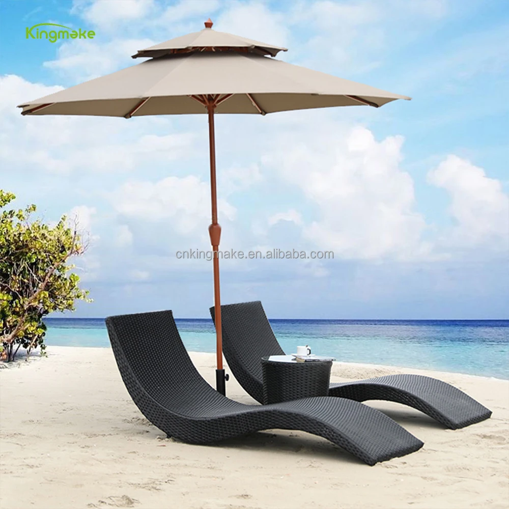 Synthetic rattan S shaped waterproof  swimming pool chair wicker beach bed stacking sun lounger with cushions