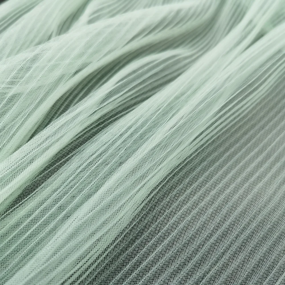 Green soft crepe mesh net fabric pleated Tulle mesh fabric pleated fabric for wedding fashion dresses