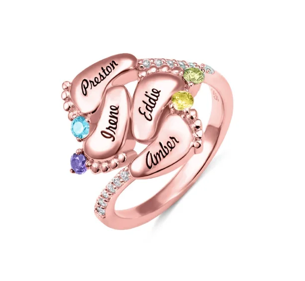 Customized Birthday Gift Personalized Engraved Any Name Baby Feet Birthstones Ring Jewelry