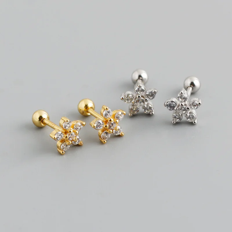 Fashion 925 Sterling Silver Jewelry Gold Plated Piercing Studs Earrings Mini Diamond Flower Studs Screw Back Stud Earrings