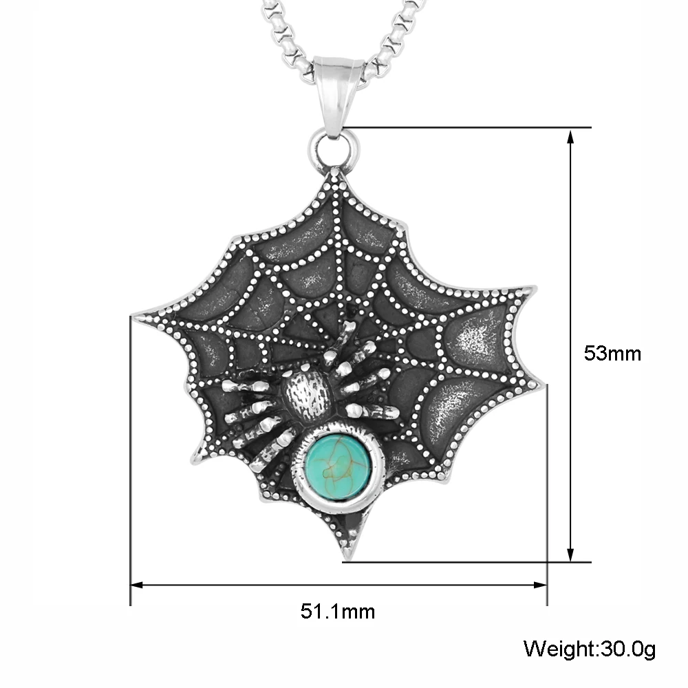 Wholesale Custom Gothic Halloween Turquoise Jewelry Punk Stainless Steel Spider Web Charm Pendant Necklace For Women Men