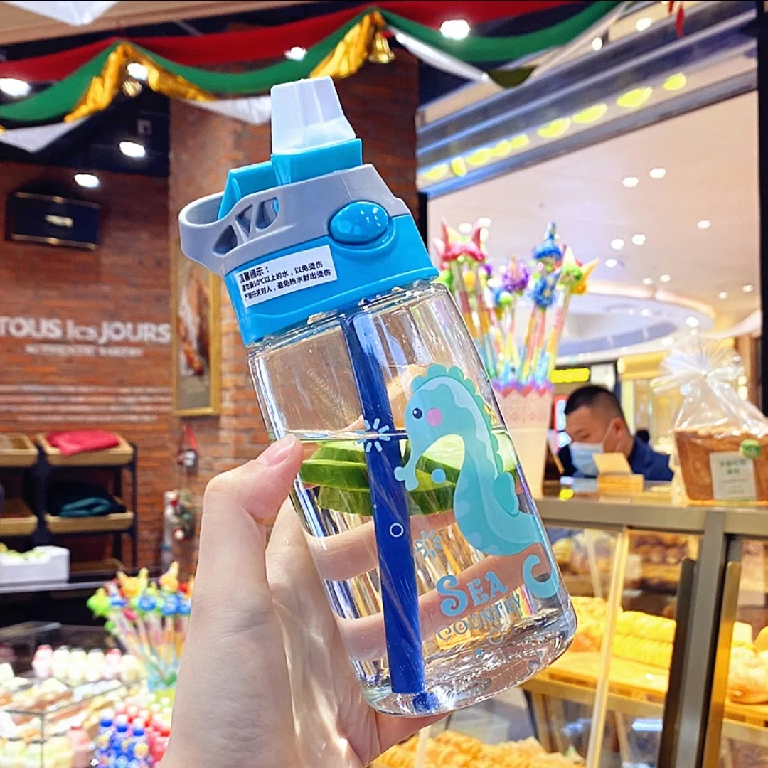2023 promotional gift kawaii plastic kids water bottle with straw cute printing children drink water bottle