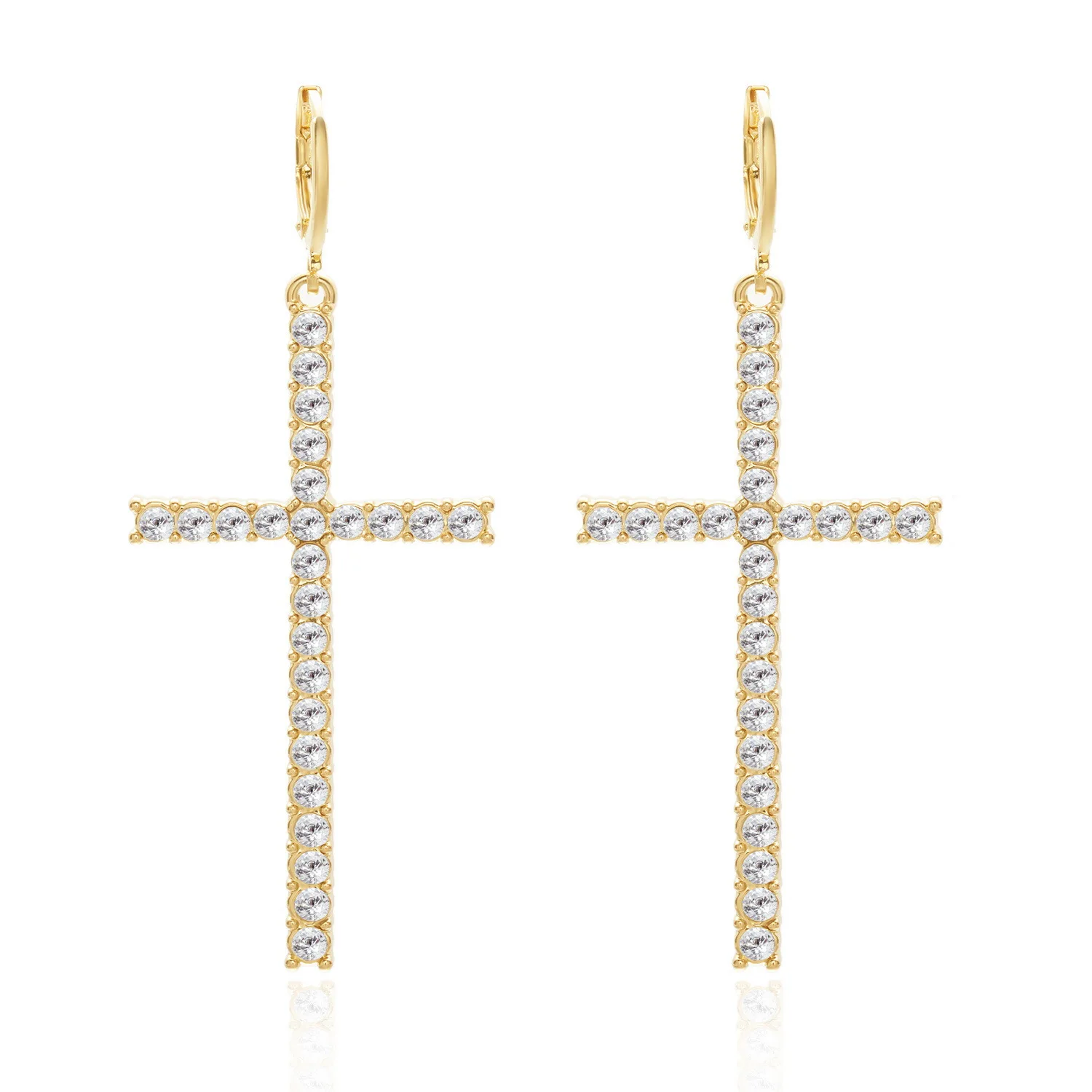 High-End Gold Plated Cross Pearl and Rhinestone Asymmetric Drop Earrings Personalized Fashion Jewelry Made of  Alloy