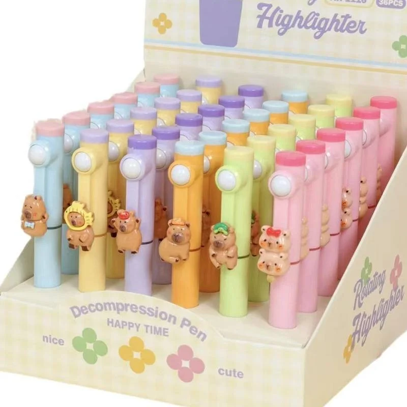 Capybara Highlighter Pen Set Kawaii Cartoon Art Fluorescent Markers Pens School Stationery Kids Gift