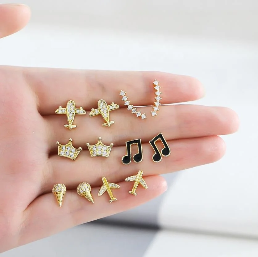 Ice Cream Notes Ear Studs ins Wind Sweet Cool Crown Aircraft Earrings with 925 Silver Needle Earbone Studs for Women