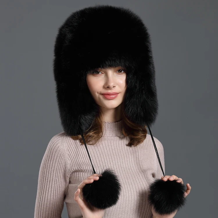 Silver fox fur hat female winter trooper genuine fur hat women luxury red fox fur hat thick warm