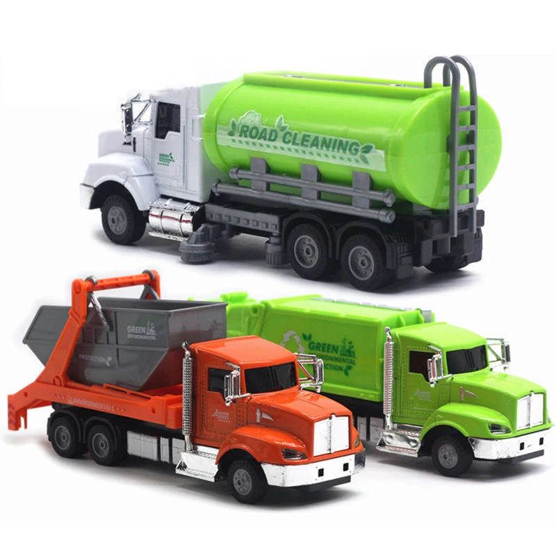 Newest Arrival 1:43 metal truck vehicle Green cleaning car Diecast friction toy vehicle pull back orange garbage truck toy