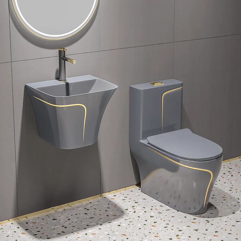 Wash Down Bathroom Toilet wall hung basin and matte grey colored toilet bowl ceramic wc toilet set