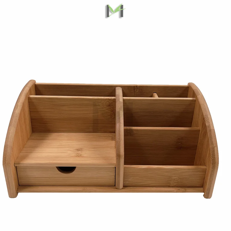 Bamboo Desk Organizers, Pencil Holder, Wood Tabletop Stand, Box Organization with Drawer For File, Pen, Office Supplies