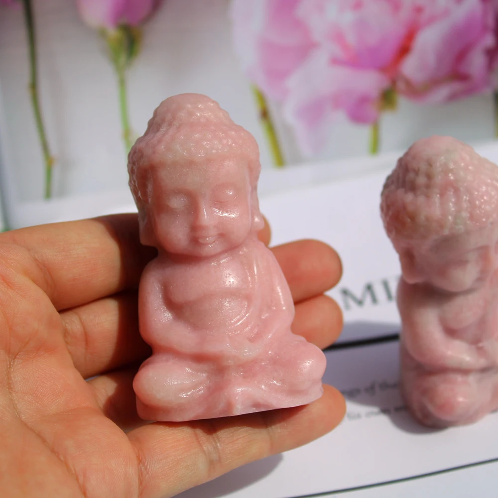 Hand Carved Natural Pink Opal Gemstone Crystal Baby Buddha Carving Ornament For Home Decoration