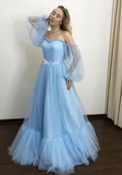 Blue Prom Dresses A-Line Off the Shoulder Sweetheart Tulle Long Sleeves Prom Gown Evening Party Dresses Robe De Soiree