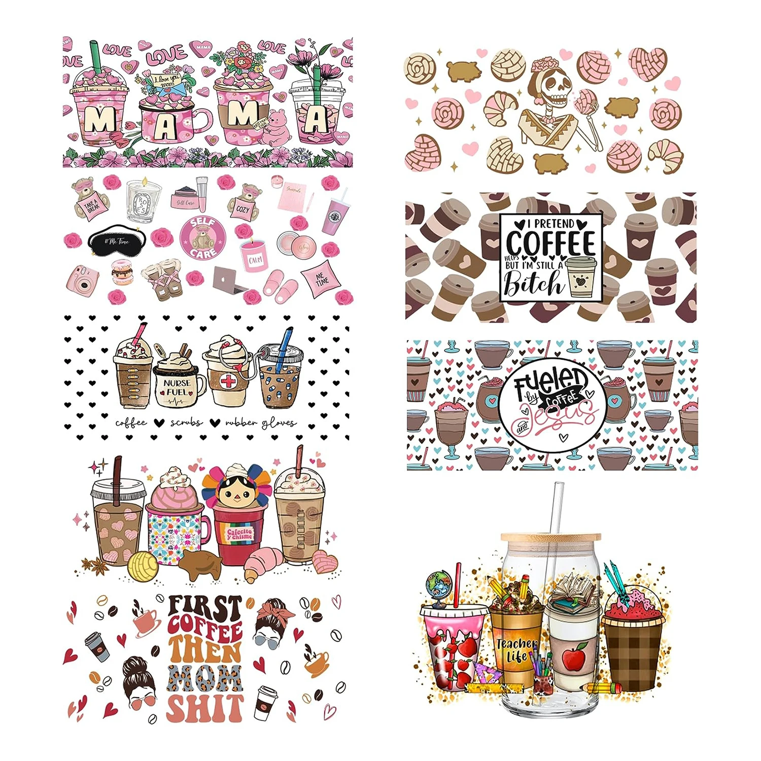Nurse Teacher MAMA Mother Christian Religion Customized 3D UV Dtf Transfer Cup Wraps for 16oz Glass Beer Cans Cold