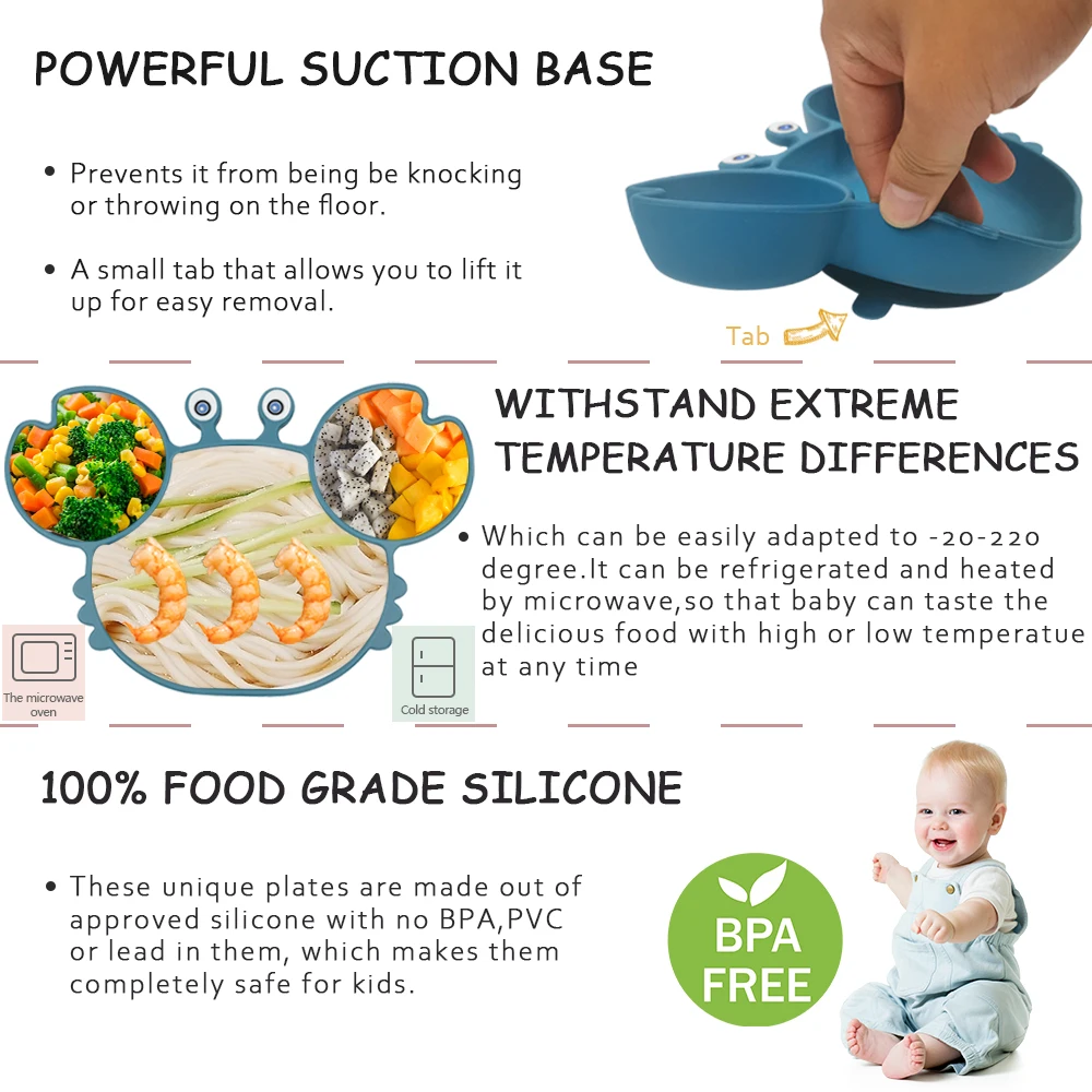 Suction Baby Silicone Divided Plate Feeding Dinnerware Placemat Non-Slip Toddlers Tableware Food Feeding  Suction Plate For Kids