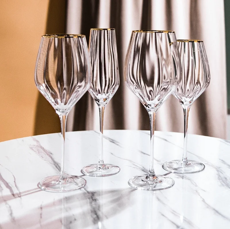 Creative Striped Crystal Wine Glass Gold Edged Prism Red Wine Goblet Hotel Transparent Brandy Glass