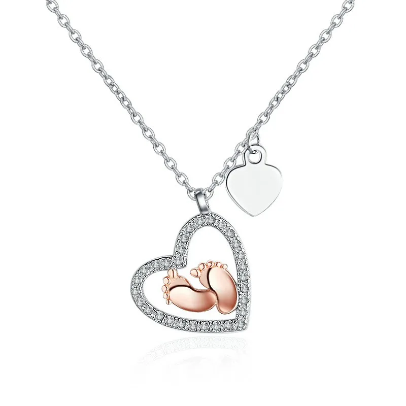 S925 heart sterling silver baby footprint love necklace pendant clavicle neck chain for women
