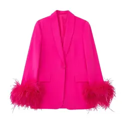 Spring Summer New In Coats And Jackets Vintage Long Sleeve Women Blazers Oversize Pink Ostrich Feather Cuff Blazer