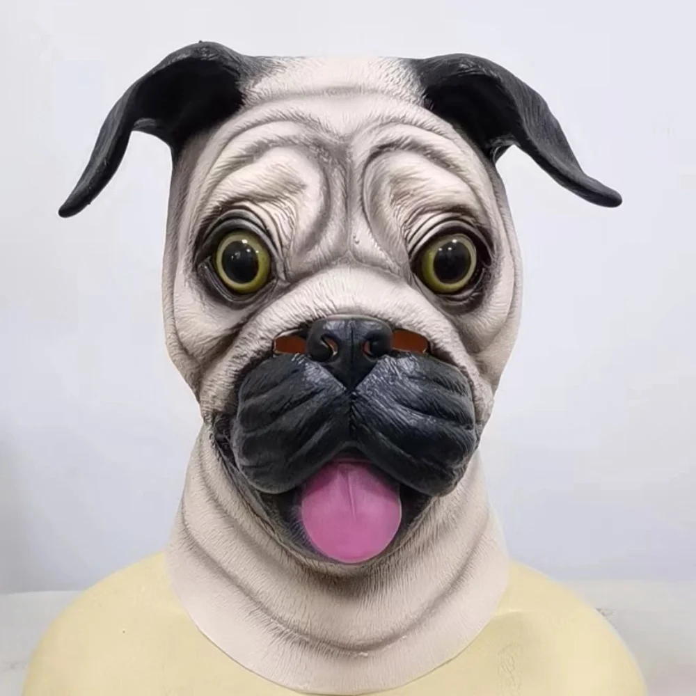 Black Eyes Latex Animal Dog Mask, Pug Dog Bulldog Full Head Mask Halloween Costume Cosplay Party Prop