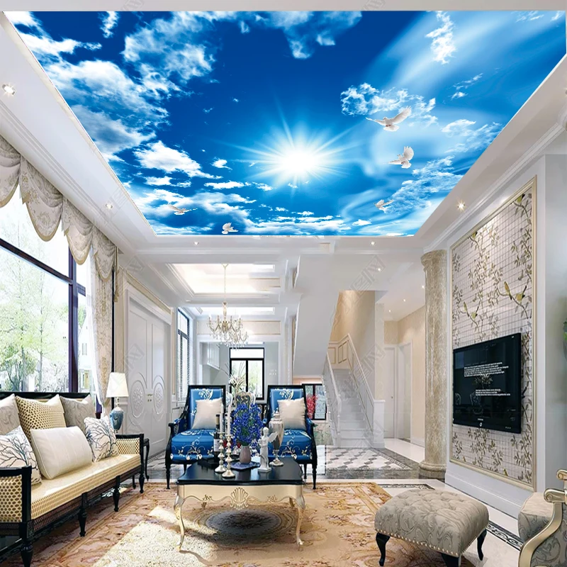 Blue Sky 3d Wallpaper For Home Decoration White Clouds Wall Mural Sky Ceiling Wallpaper