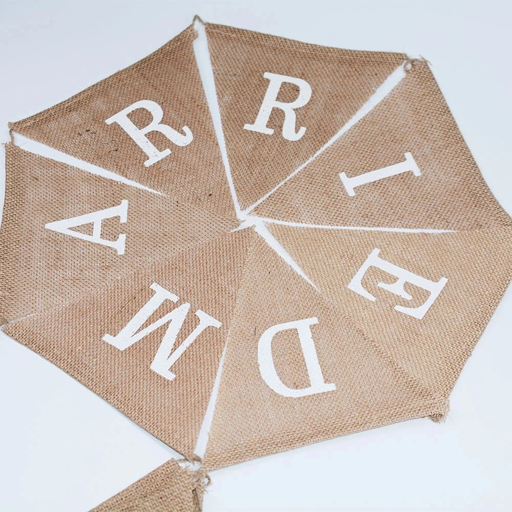 Hanging Linen Jute Rope JUST MARRIED Burlap Banners Wedding Anniversary Party Flax Bunting Flag Pennant Decors Favors