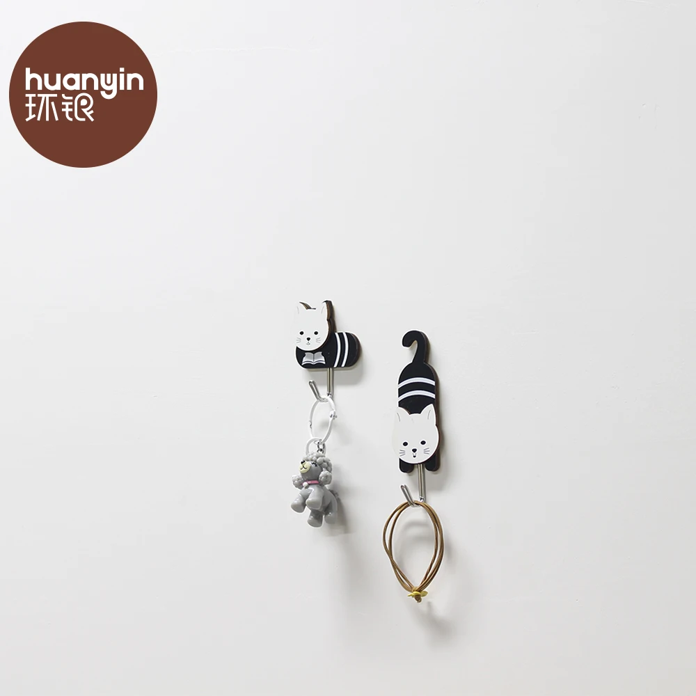 Cute cartoon self adhesive cat key wood wall hook for hangers