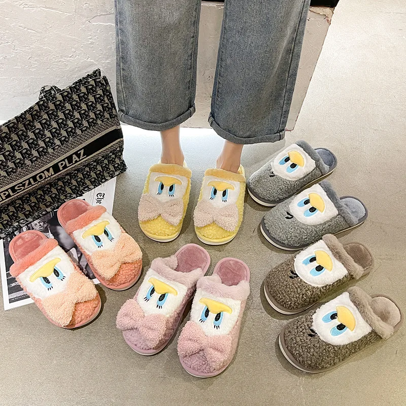 2021 Fashion Cute Cartoon Duck Cotton Slippers Plush Wholesale Soft Indoor Warm Home Furry Fuzzy Slippers With Fur