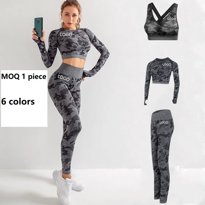 
Long sleeve Seamless Set Camo Fitness Clothing Custom Logo MOQ 1piece Women Sportswear Camouflage Tops Pants Bra 