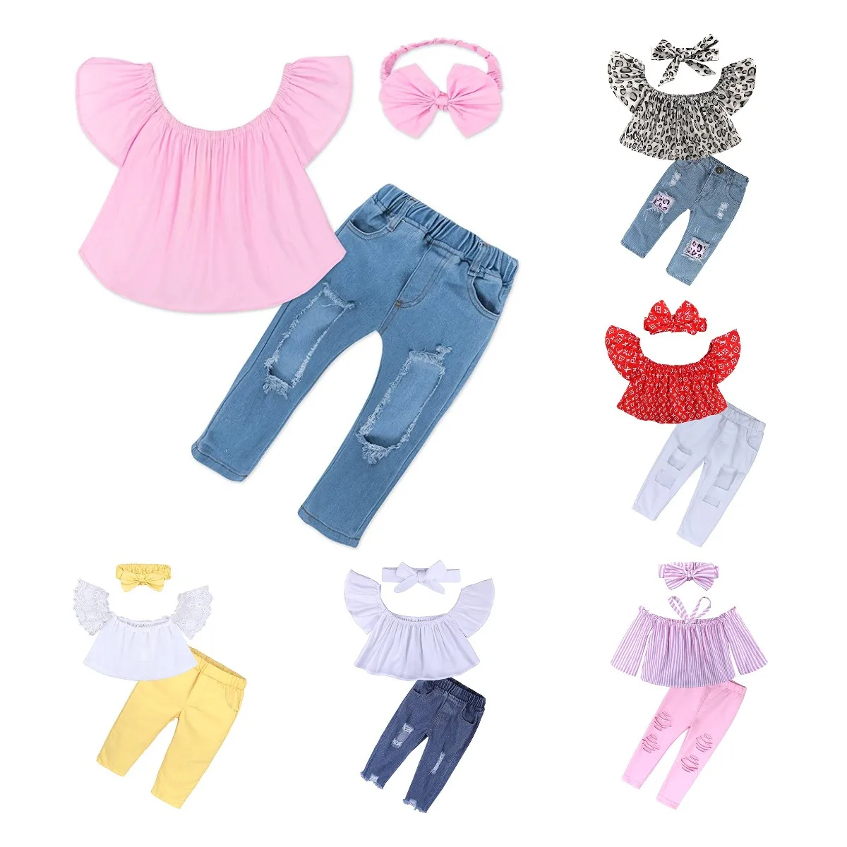 
Off-shoulder top + jeans 2 pieces bulk wholesale kids clothes toddler baby girls clothing sets 