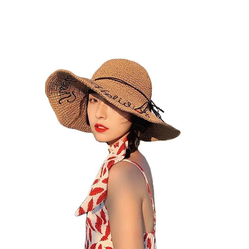 Wholesale High Quality Women Outdoor Beach Street Travel Sunscreen Straw Hat Soft Floppy Large Brim Printing Straw Hat