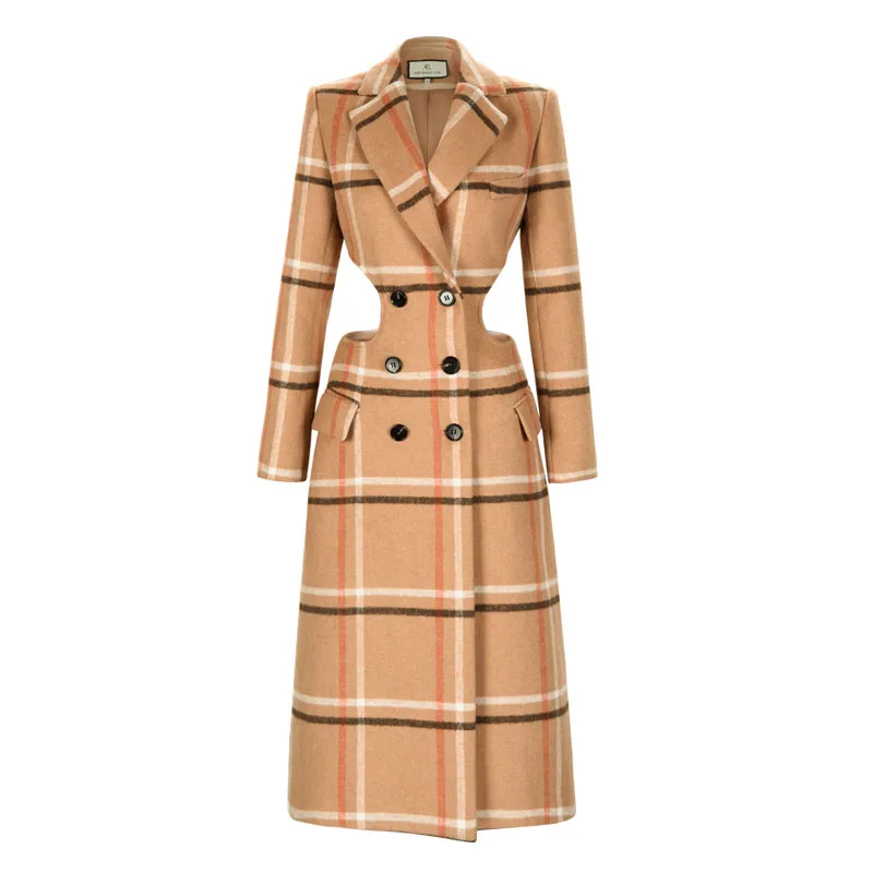 Getspring Women Woolen Coat Asymmetry Hollow Out Double Breasted Plaid Overcoat Women Plus Size Vintage Fashion Long Coats