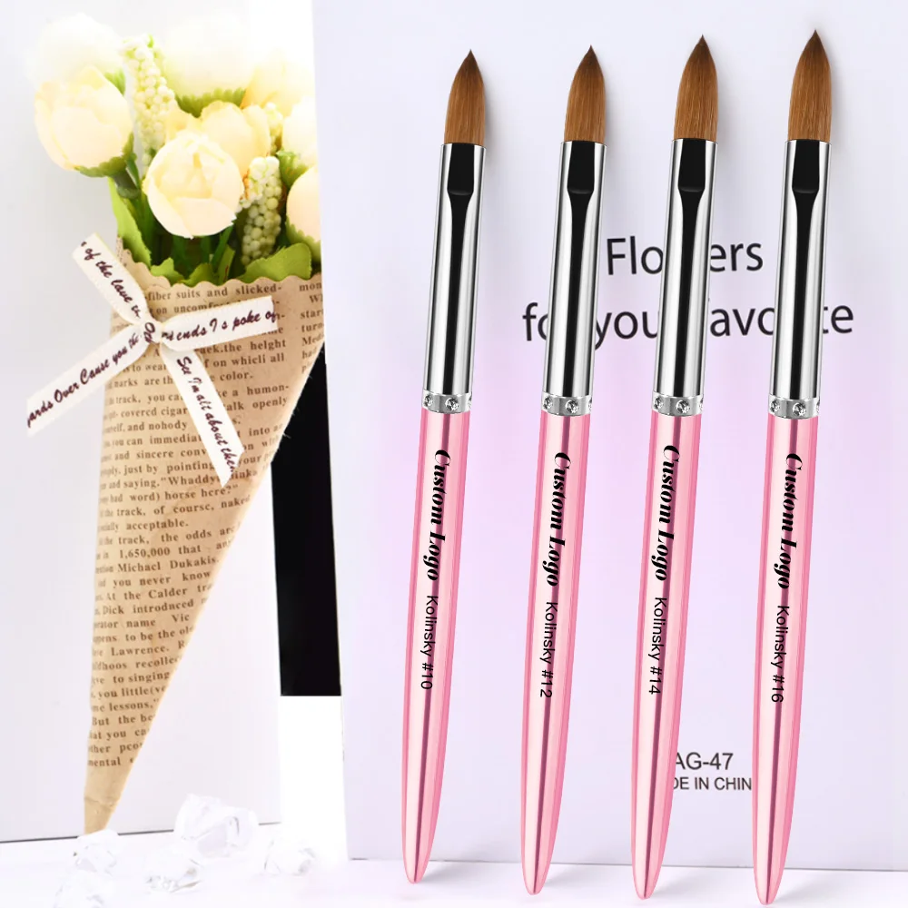 New Arrival  the Best Seller Nails Brush Acrylic Kolinsky 100% Sable Bristles Metal Handle PINK Diamond Nail Brushes for Acrylic
