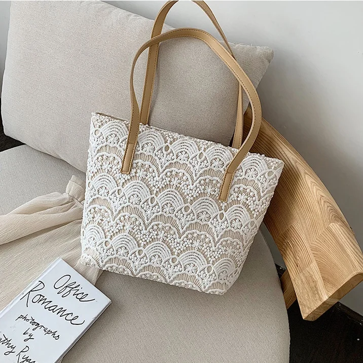2022 OMOI Custom Plain Hand Made Canvas Lace Cotton Women Shoulder Bag Hand Bag Tote Bags With Custom Printed Logo For Women