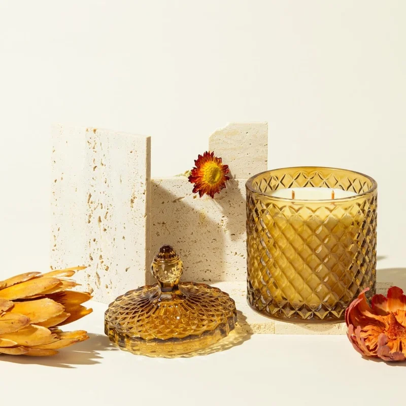 Luxury Christmas Day Decoration Festival Candle Bowl Ribbed Cup Heat Resistance Geo Cut Glass Jar Candle Scented With Lids
